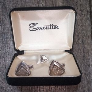 Vintage 60s Cuff Links and Tie Tack Etched Silver